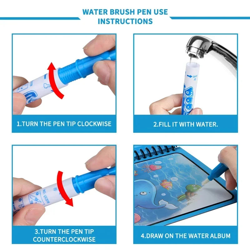 Magic Water Drawing Book with Pen – Reusable Coloring Toy for Kids