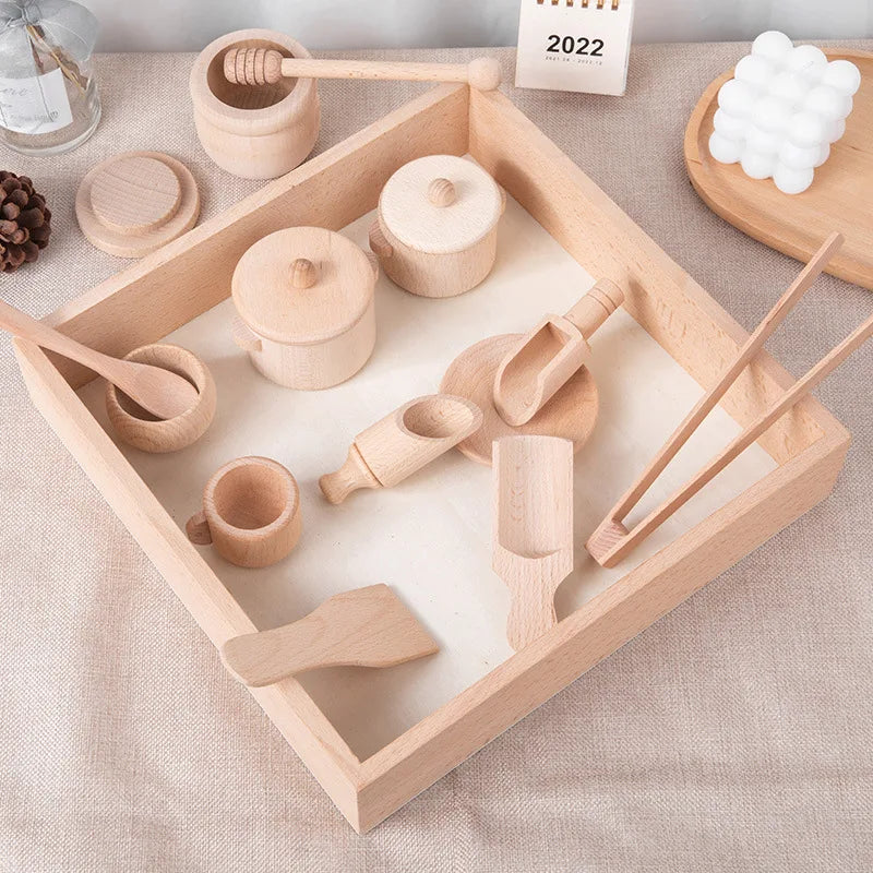 Montessori Wooden Kitchen & Tea Set – Sensory Learning Puzzle Toy for Kids