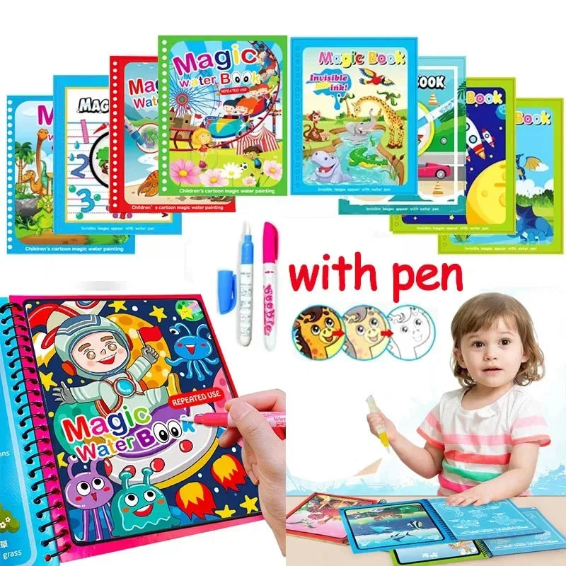 Magic Water Drawing Book with Pen – Reusable Coloring Toy for Kids